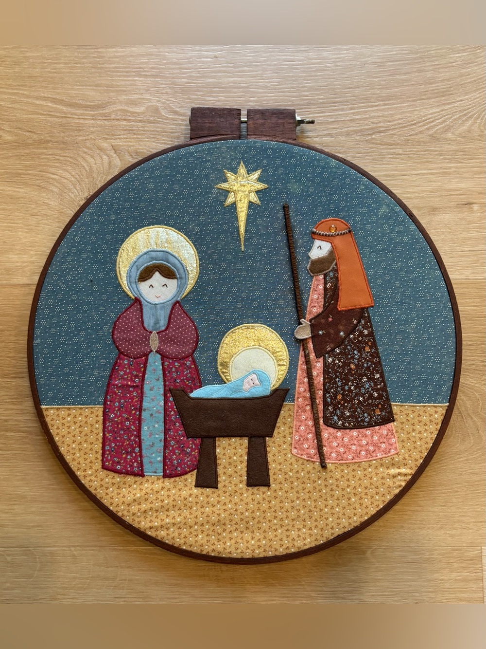 Handmade quilted Nativity Wall Hoop featuring Mary, Joseph and baby Jesus
